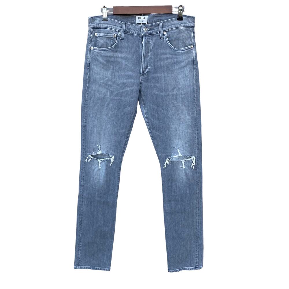 New Agolde Men Gray Wash Denim Distressed Ripped Mid Rise Slim Fit Jeans 32